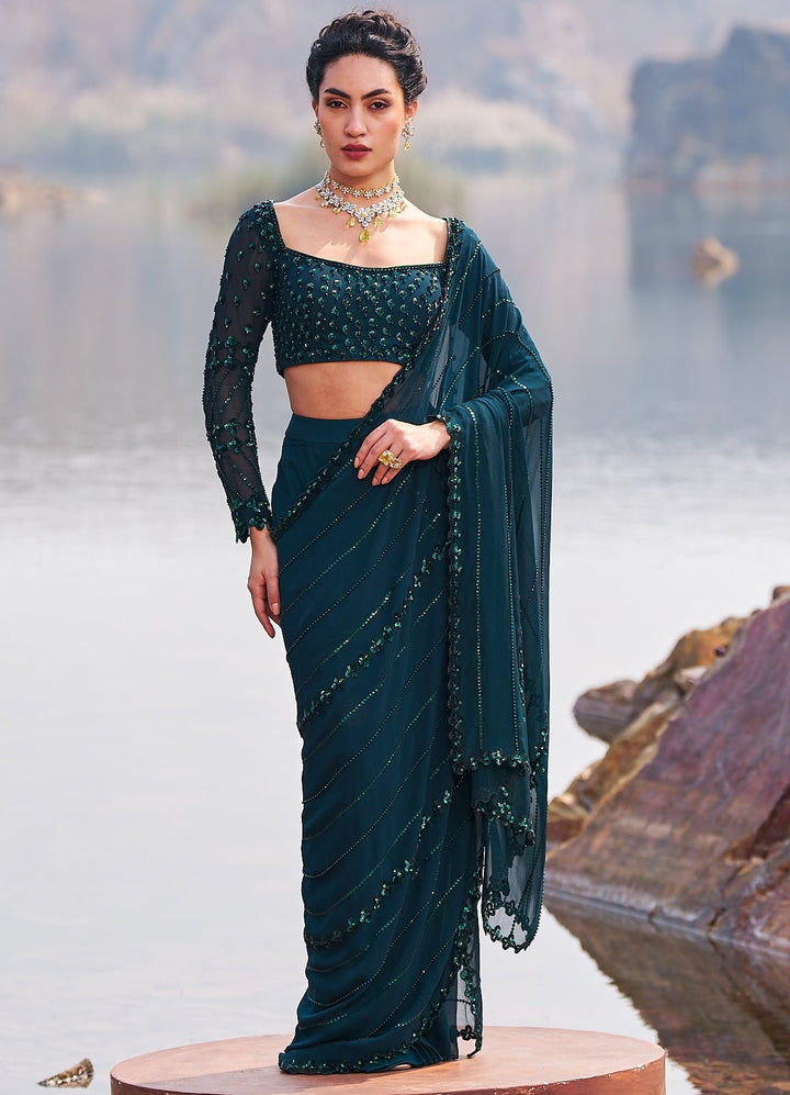 Bottle Green Sequined Drape Saree Nidhika Shekhar - Fabilicious Fashion