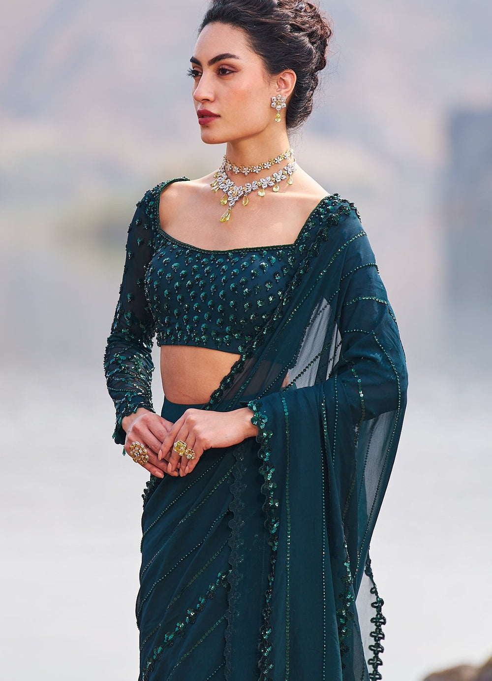 Bottle Green Sequined Drape Saree Nidhika Shekhar - Fabilicious Fashion