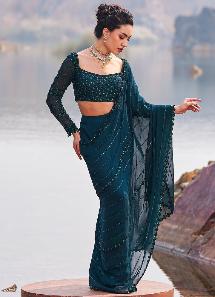 Bottle Green Sequined Drape Saree Nidhika Shekhar - Fabilicious Fashion
