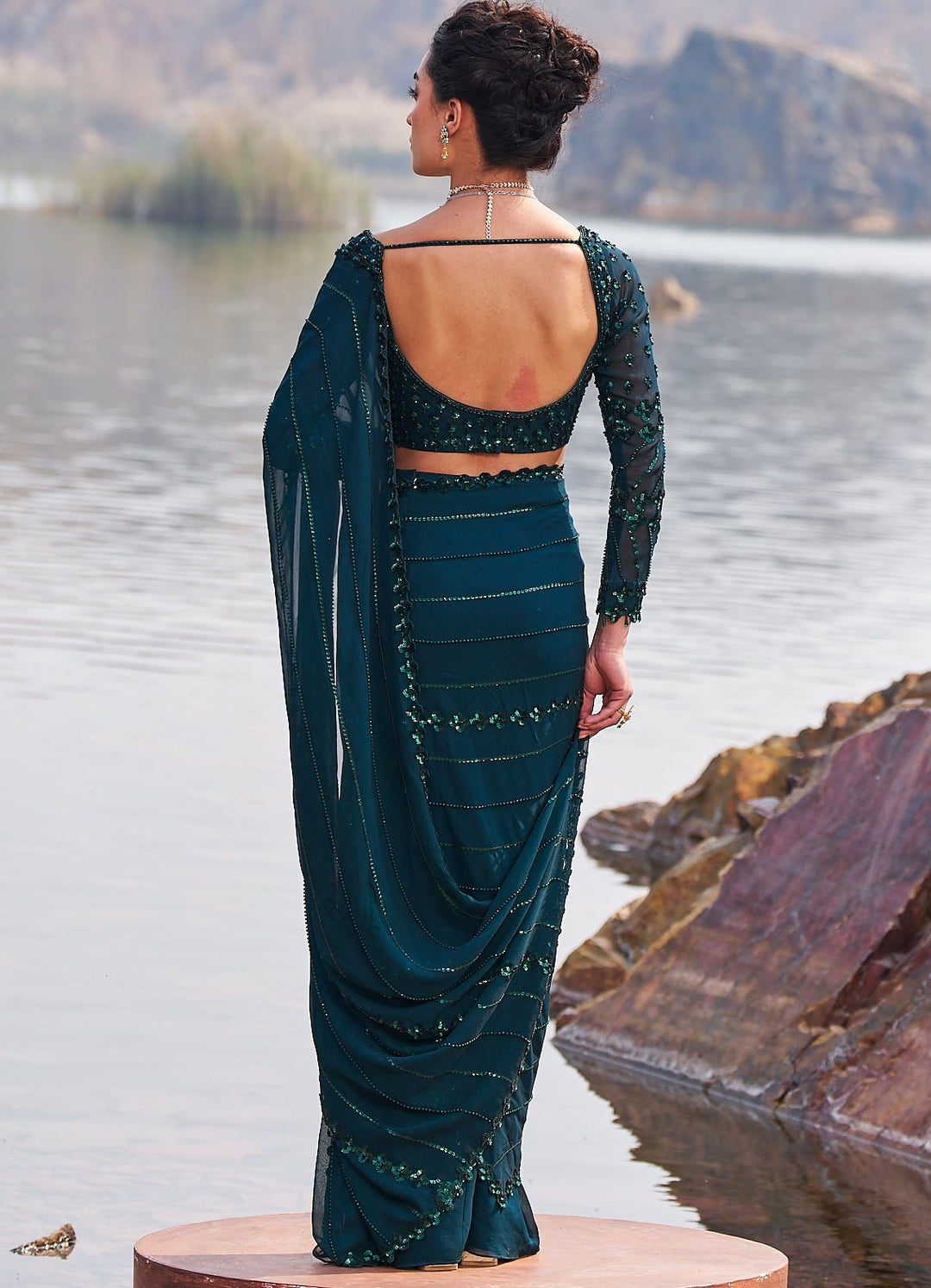 Bottle Green Sequined Drape Saree Nidhika Shekhar - Fabilicious Fashion