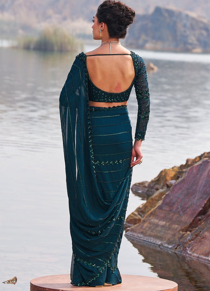 Bottle Green Sequined Drape Saree Nidhika Shekhar - Fabilicious Fashion