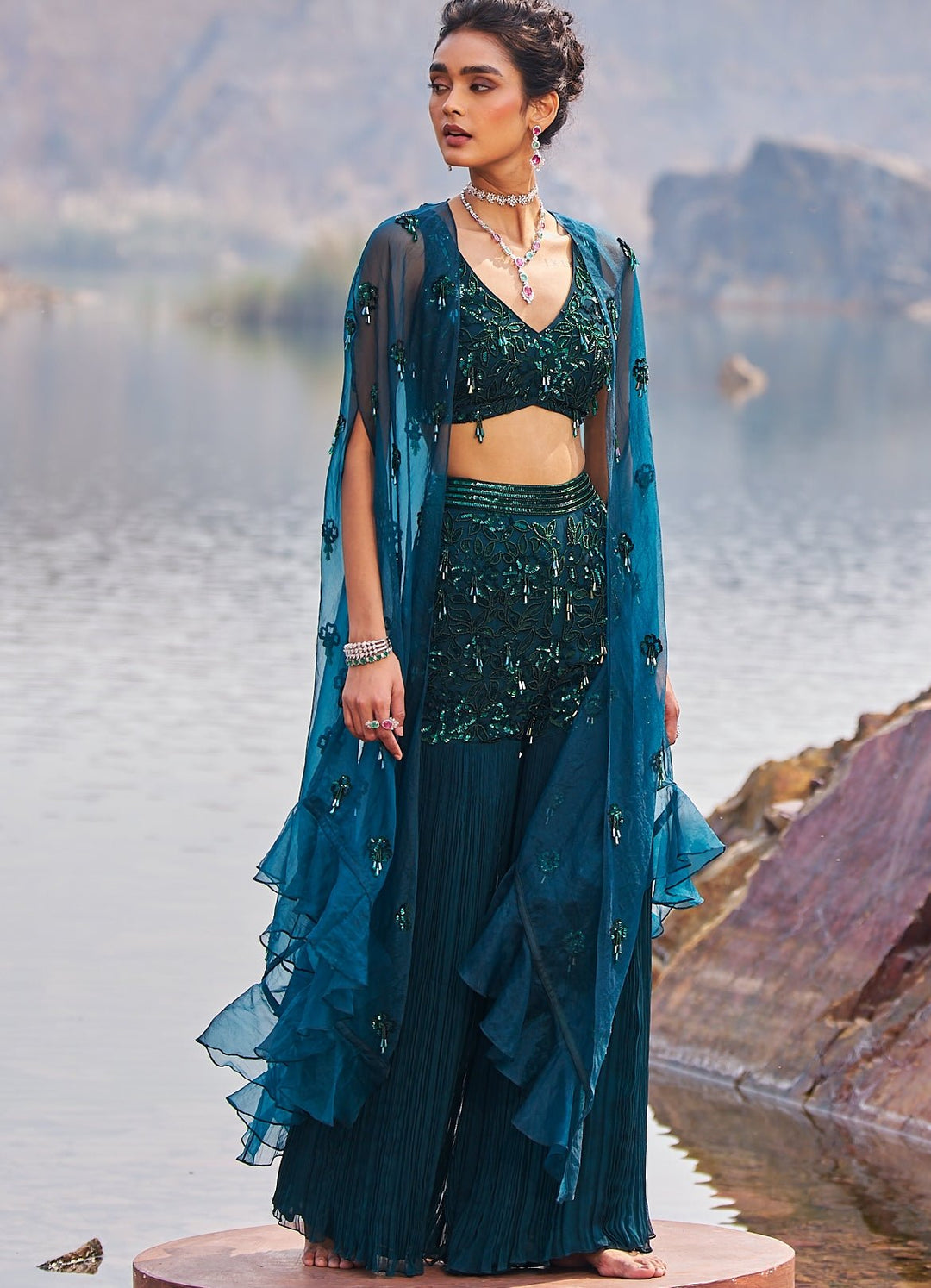 Bottle Green Sharara Set With Embroidered Cape Nidhika Shekhar - Fabilicious Fashion