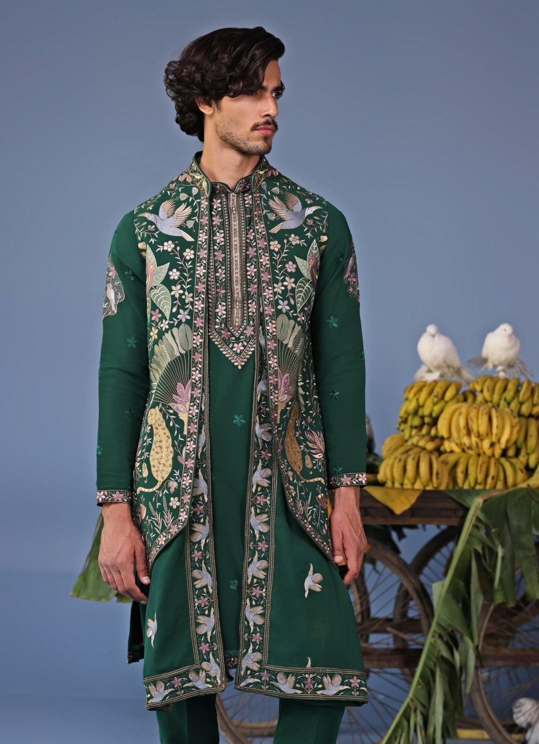 Bottle Green Thread Embroidered Kurta Pant Set with Jacket Kalpraag - Fabilicious Fashion