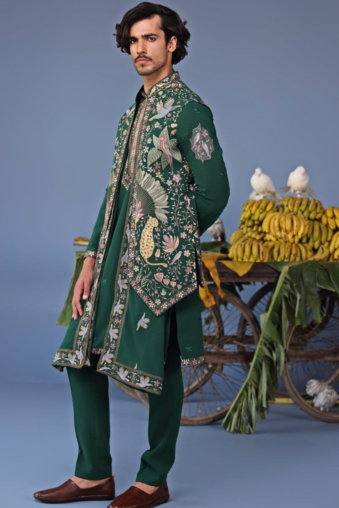 Bottle Green Thread Embroidered Kurta Pant Set with Jacket Kalpraag - Fabilicious Fashion