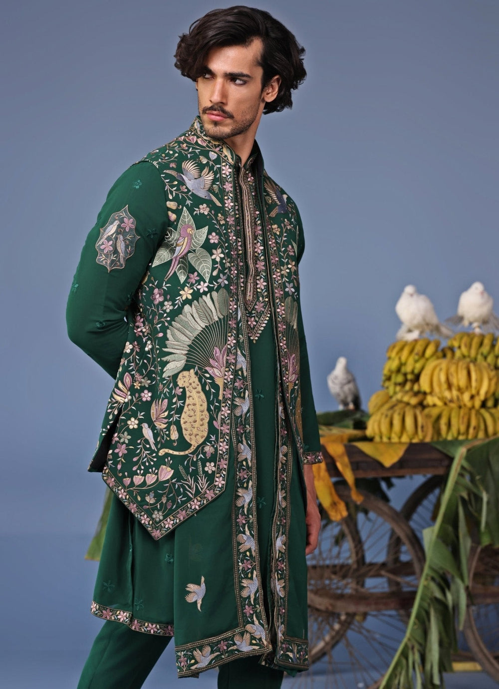 Bottle Green Thread Embroidered Kurta Pant Set with Jacket Kalpraag - Fabilicious Fashion