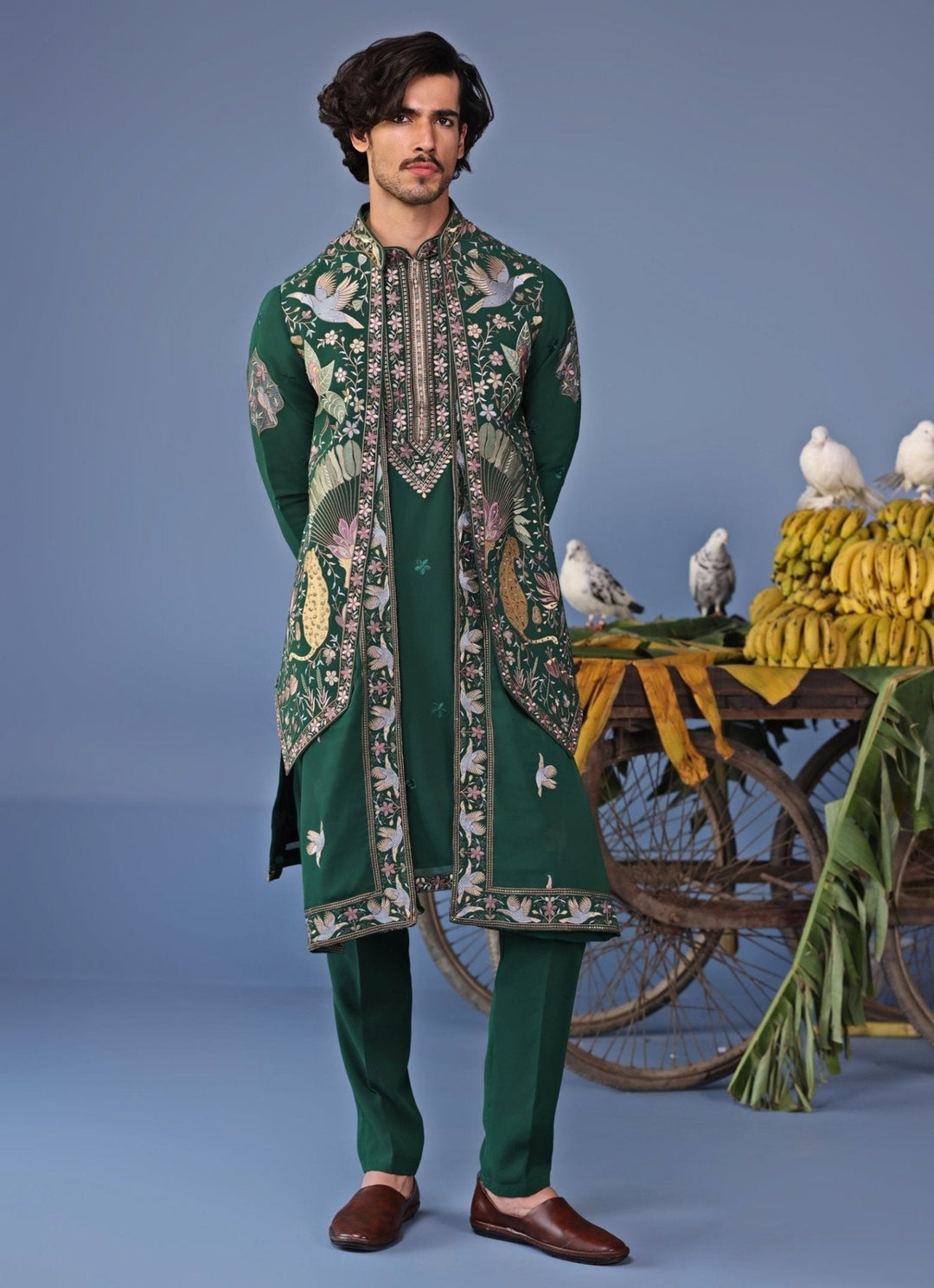 Bottle Green Thread Embroidered Kurta Pant Set with Jacket Kalpraag - Fabilicious Fashion