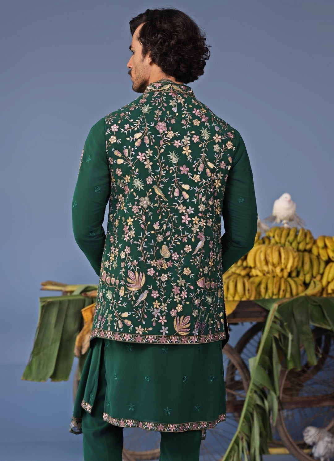 Bottle Green Thread Embroidered Kurta Pant Set with Jacket Kalpraag - Fabilicious Fashion
