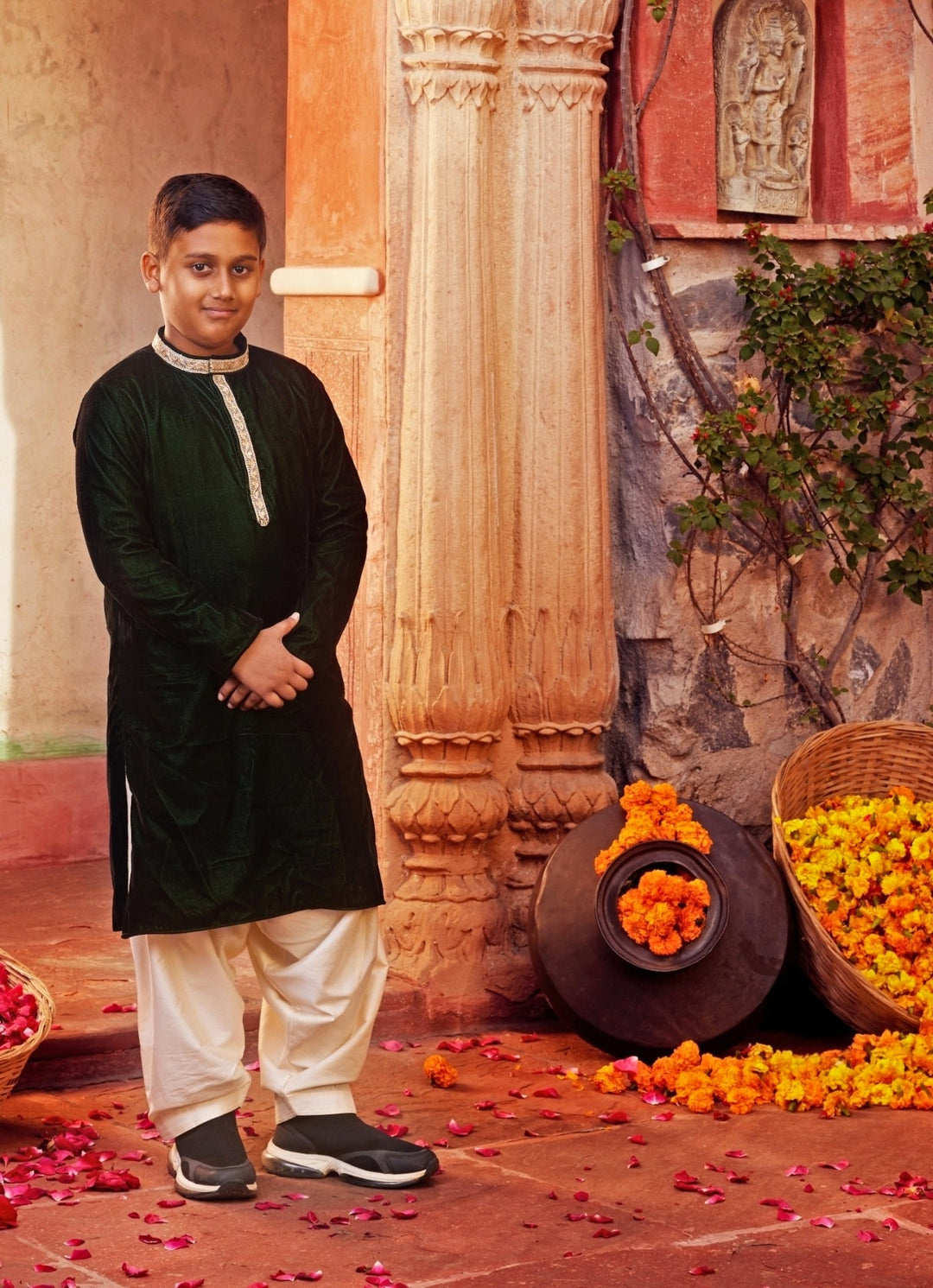 Bottle Green Velvet Kurta With White Pants Chotibuti - Fabilicious Fashion