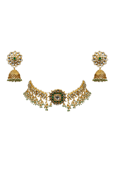 Bracelet Choker With Green Stone And Jhumki Riana by Shikha Jindal - Fabilicious Fashion