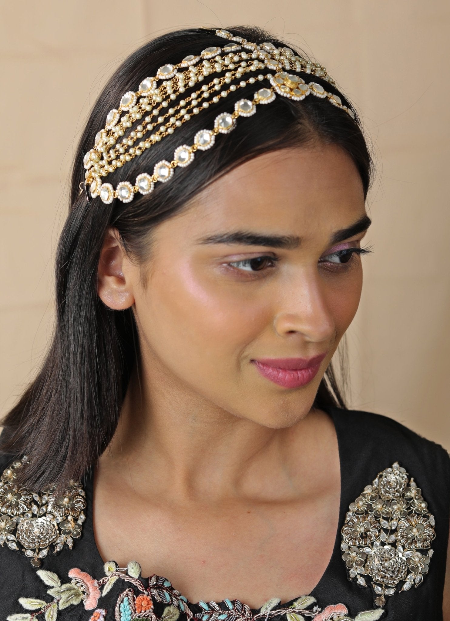 Three layers pearl matha patti for Indian wedding guest statement look