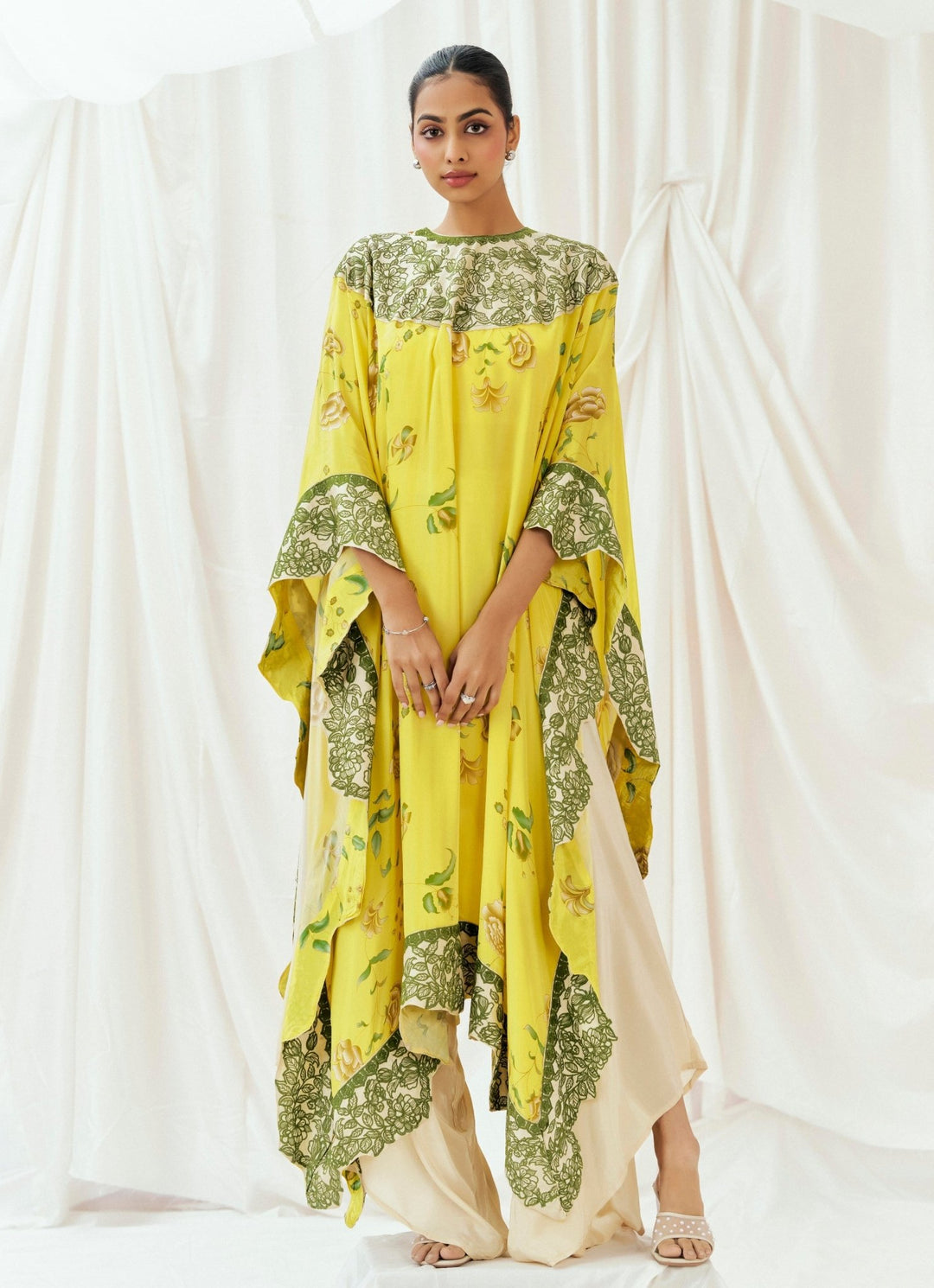 Bright Yellow Crepe Kaftan And Dhoti Pant Set Redpine - Fabilicious Fashion