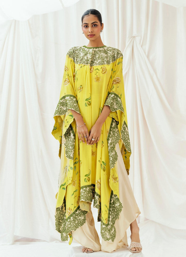 Bright Yellow Crepe Kaftan And Dhoti Pant Set Redpine - Fabilicious Fashion