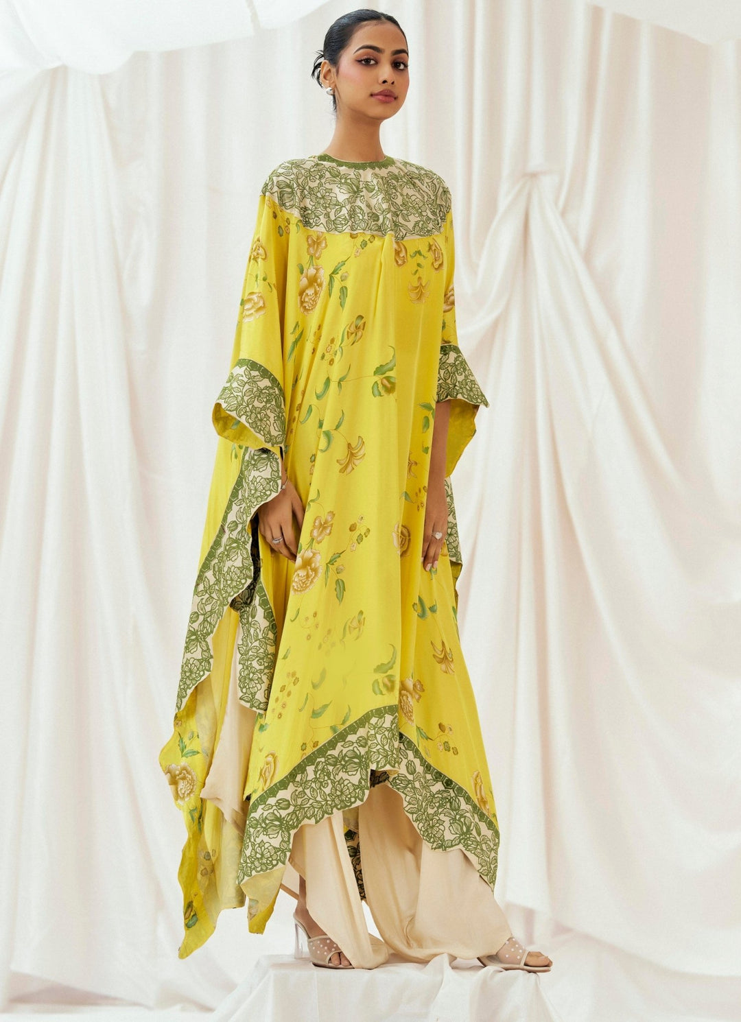 Bright Yellow Crepe Kaftan And Dhoti Pant Set Redpine - Fabilicious Fashion
