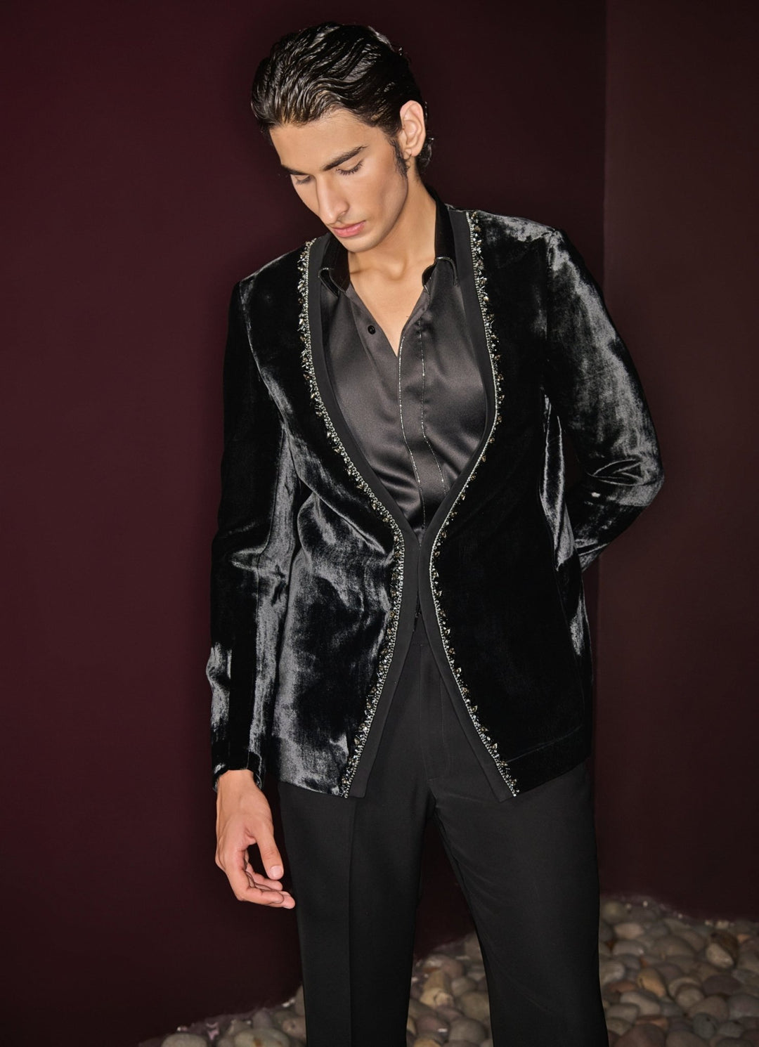 Broad Neck Black Embroidered Tuxedo Set Contrast By Parth - Fabilicious Fashion