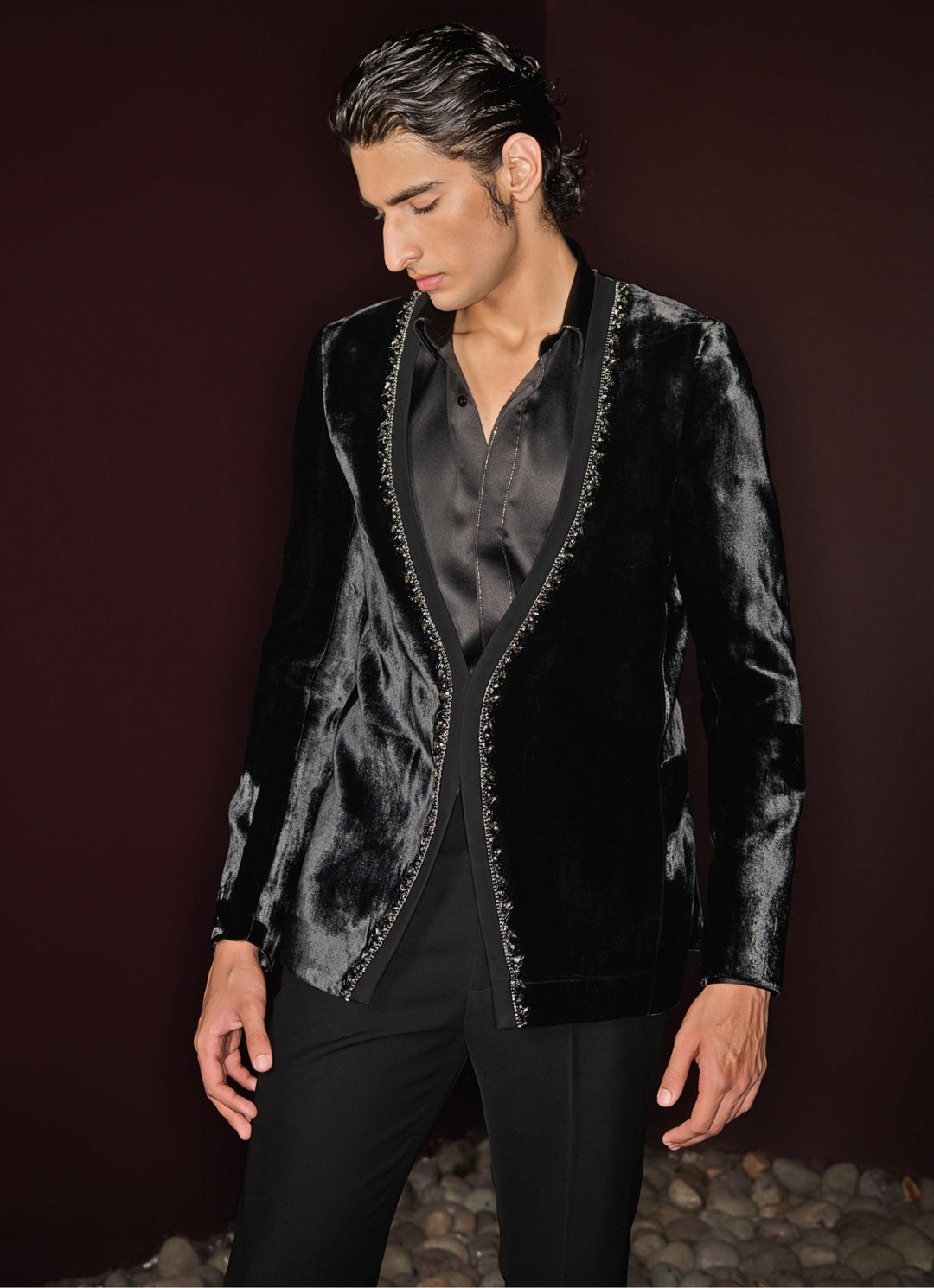Broad Neck Black Embroidered Tuxedo Set Contrast By Parth - Fabilicious Fashion