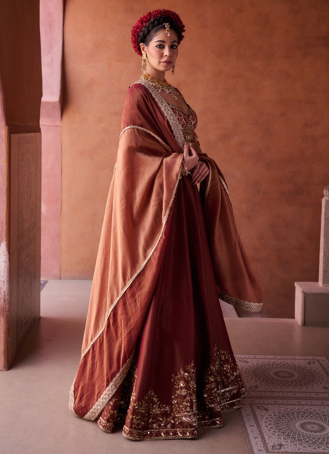 Brown And Beige Tissue Lehenga Set KAPDA DORI - Fabilicious Fashion