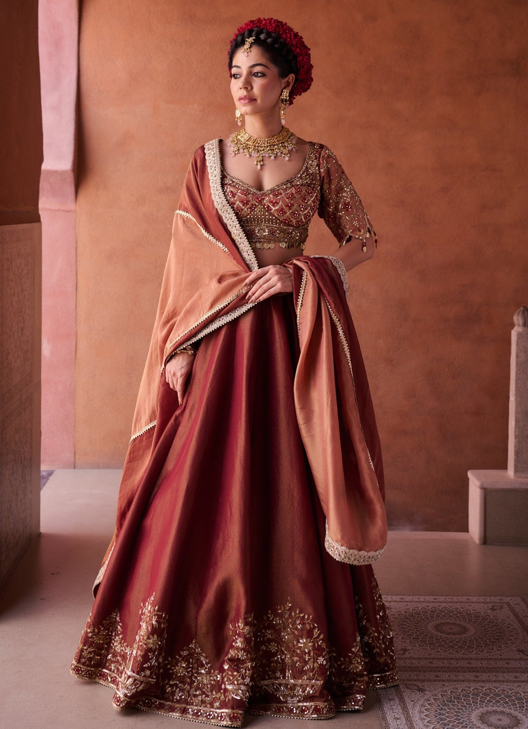 Brown And Beige Tissue Lehenga Set KAPDA DORI - Fabilicious Fashion