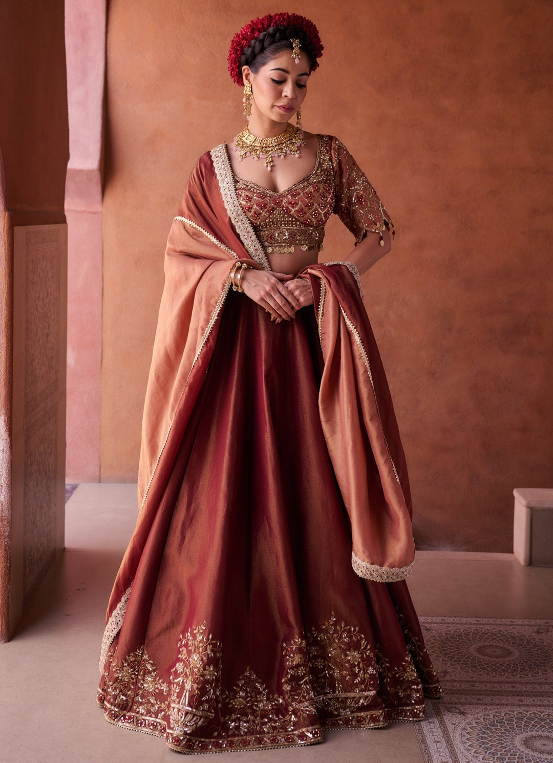 Brown And Beige Tissue Lehenga Set KAPDA DORI - Fabilicious Fashion