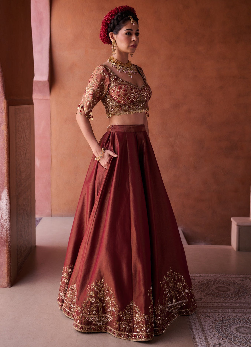 Brown And Beige Tissue Lehenga Set KAPDA DORI - Fabilicious Fashion