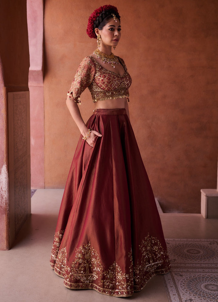 Brown And Beige Tissue Lehenga Set KAPDA DORI - Fabilicious Fashion