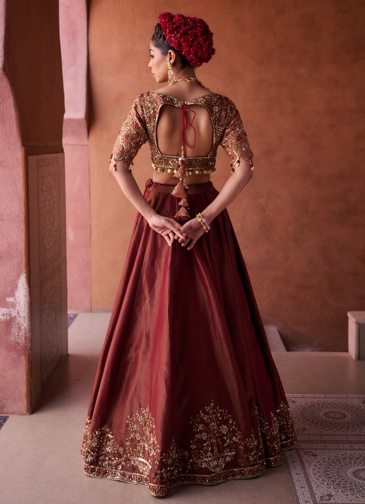 Brown And Beige Tissue Lehenga Set KAPDA DORI - Fabilicious Fashion