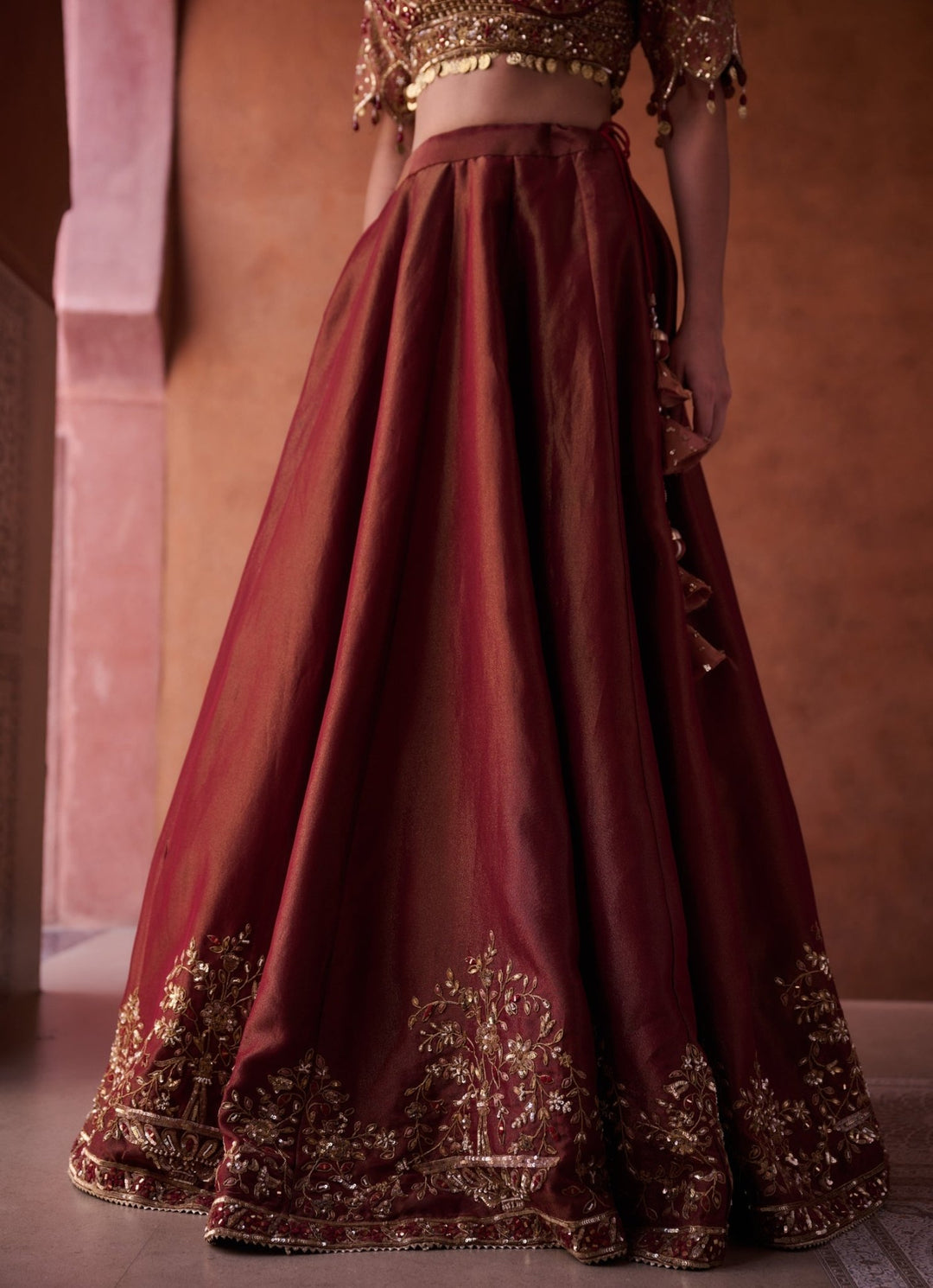 Brown And Beige Tissue Lehenga Set KAPDA DORI - Fabilicious Fashion