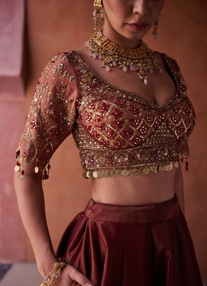 Brown And Beige Tissue Lehenga Set KAPDA DORI - Fabilicious Fashion