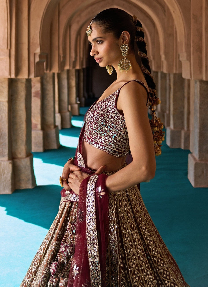 Angad Singh Brown And Maroon Red Raw Silk Lehenga SetFabilicious Fashion