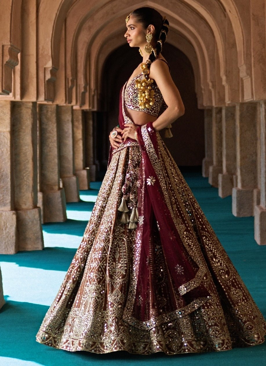 Angad Singh Brown And Maroon Red Raw Silk Lehenga SetFabilicious Fashion