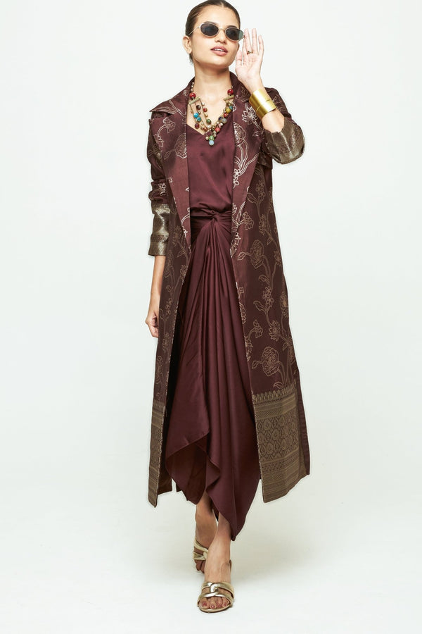 Sobariko brown brocade trench jacket with draped dress from the Pataka festive edit