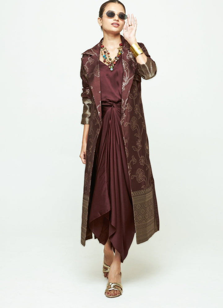 Sobariko Brown Brocade Trench Jacket With Draped DressFabilicious Fashion