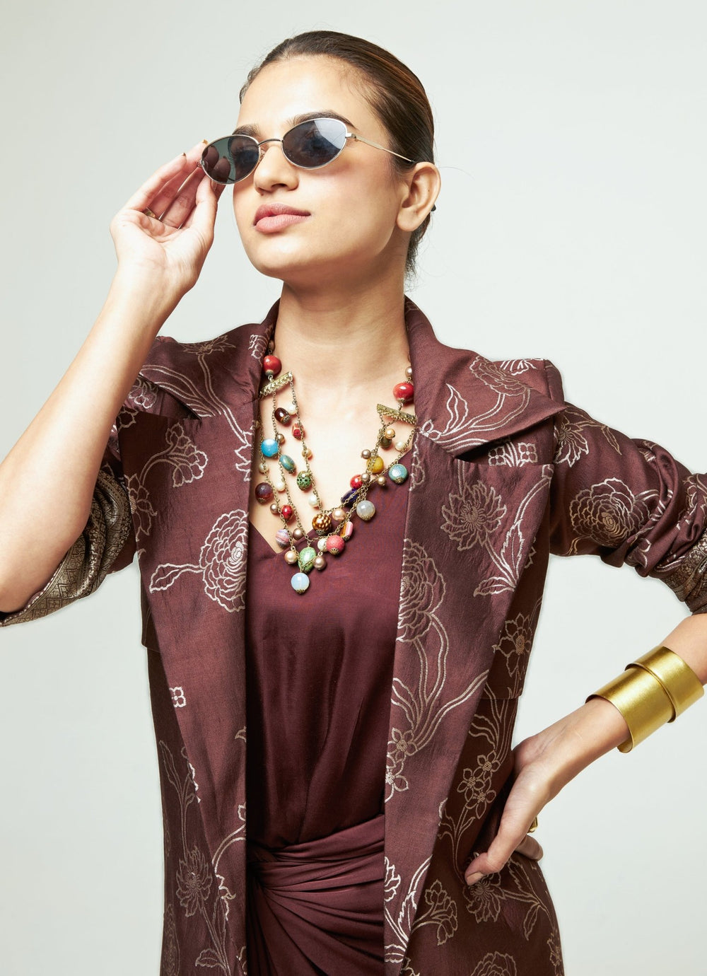 Sobariko Brown Brocade Trench Jacket With Draped DressFabilicious Fashion