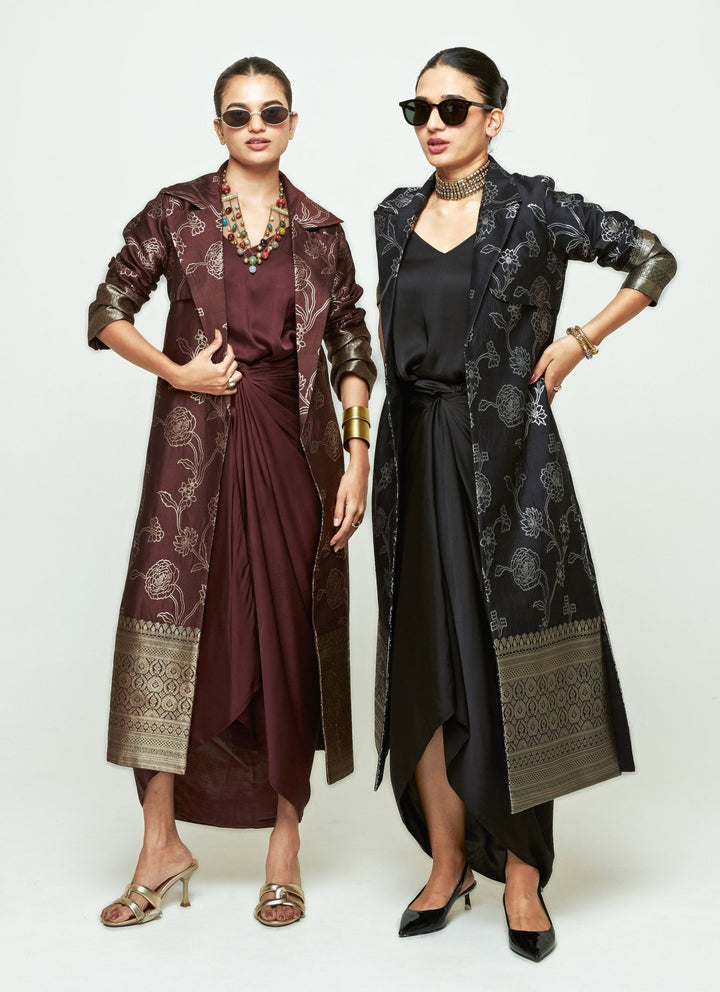 Sobariko Brown Brocade Trench Jacket With Draped DressFabilicious Fashion