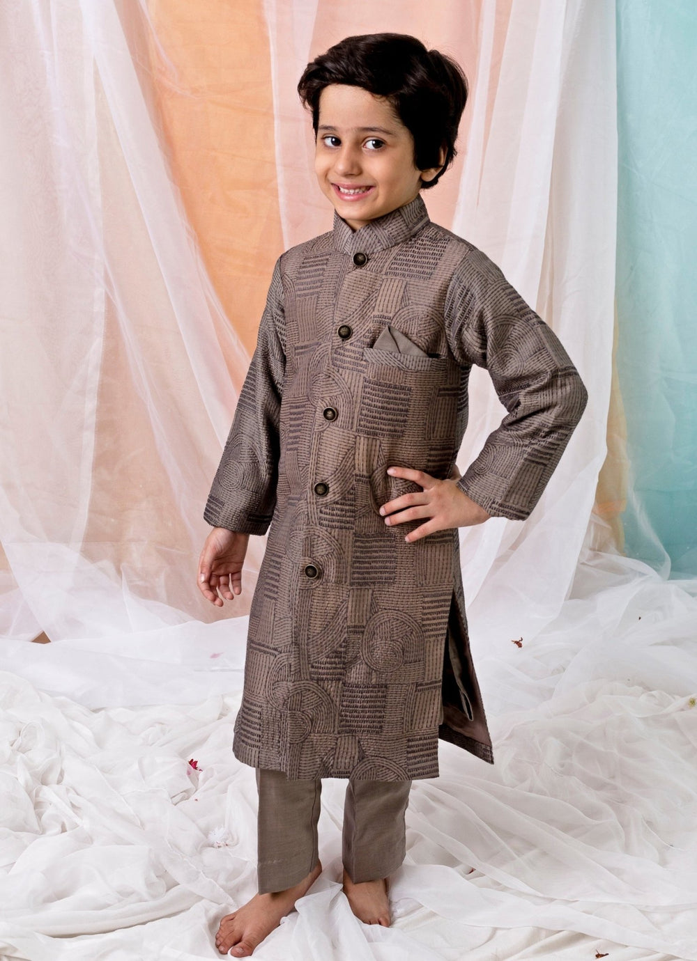 Brown Cotton Silk Sherwani Set Chotibuti - Fabilicious Fashion