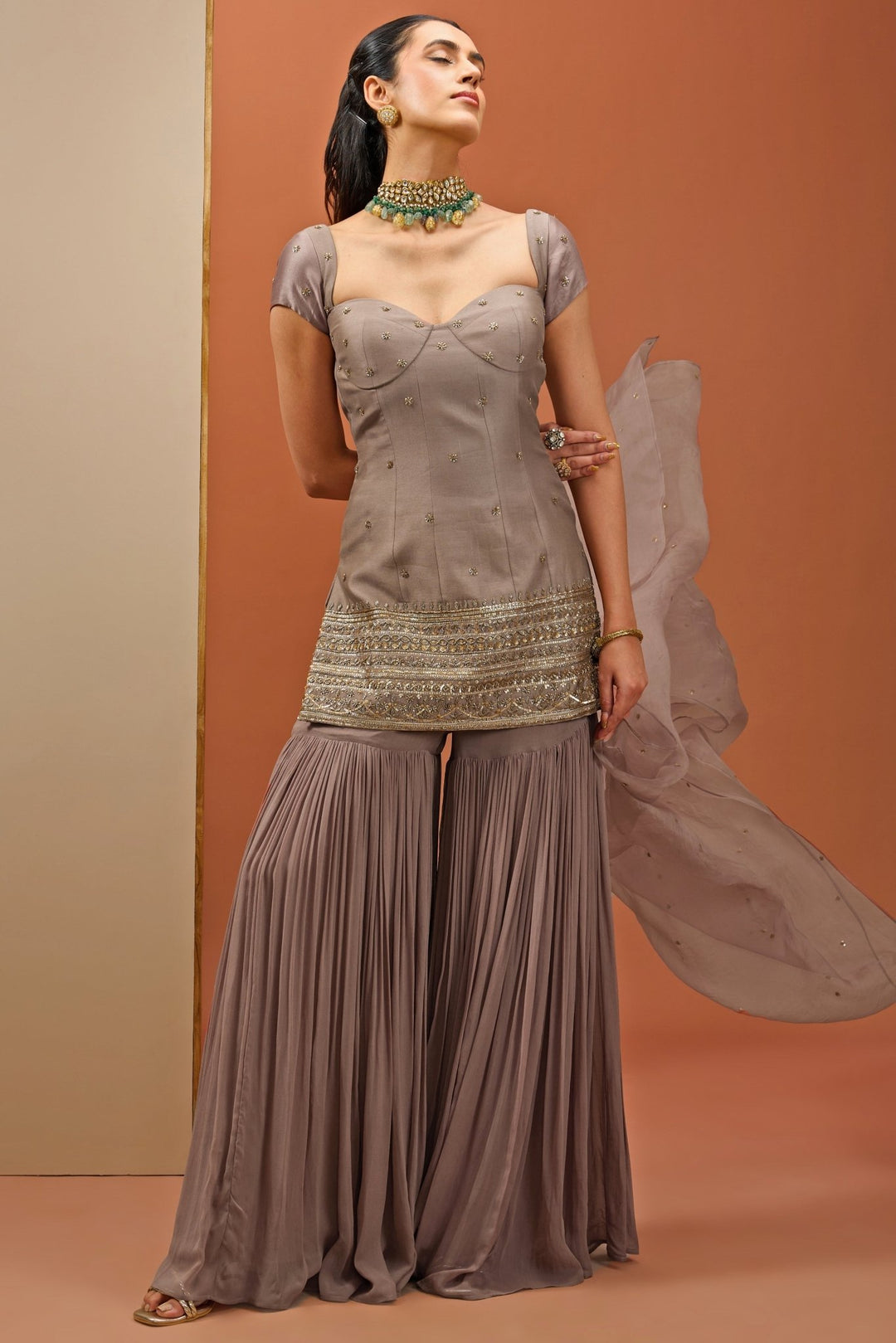 Brown Embellished Corset Kurta Sharara Set Esha Koul - Fabilicious Fashion