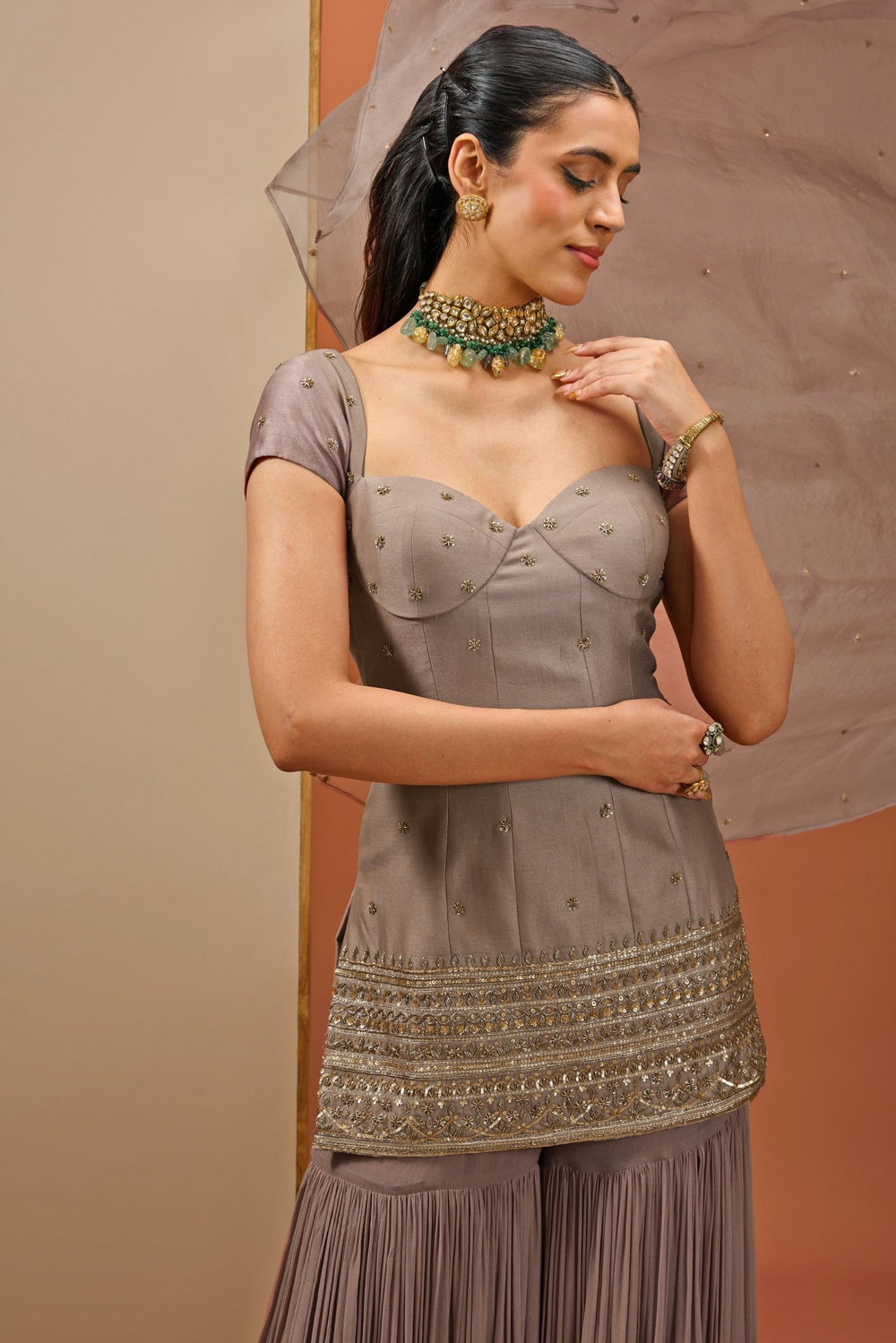 Brown Embellished Corset Kurta Sharara Set Esha Koul - Fabilicious Fashion