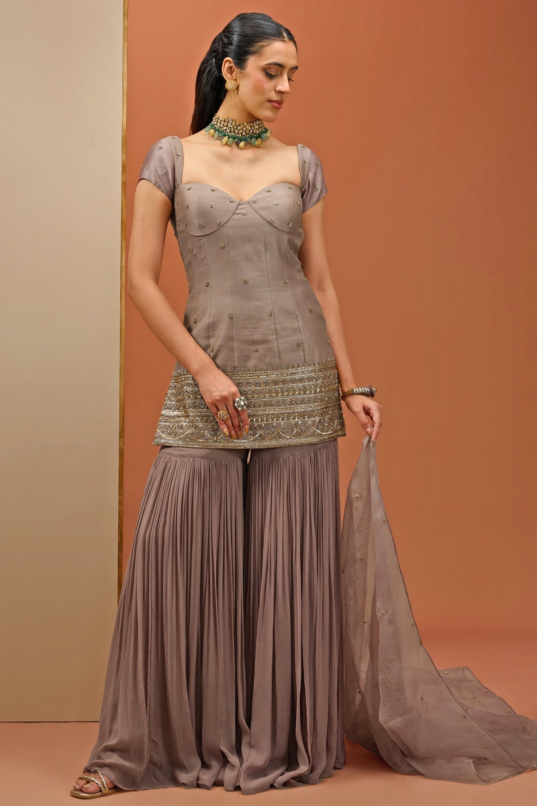 Brown Embellished Corset Kurta Sharara Set Esha Koul - Fabilicious Fashion