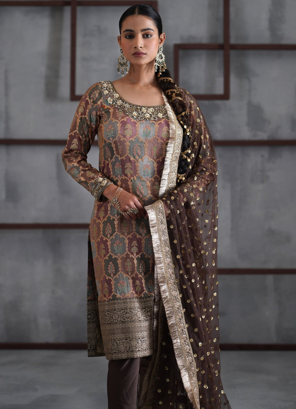 Brown Embroidered Brocade Kurta Churidar Set Deepika Chadha - Fabilicious Fashion