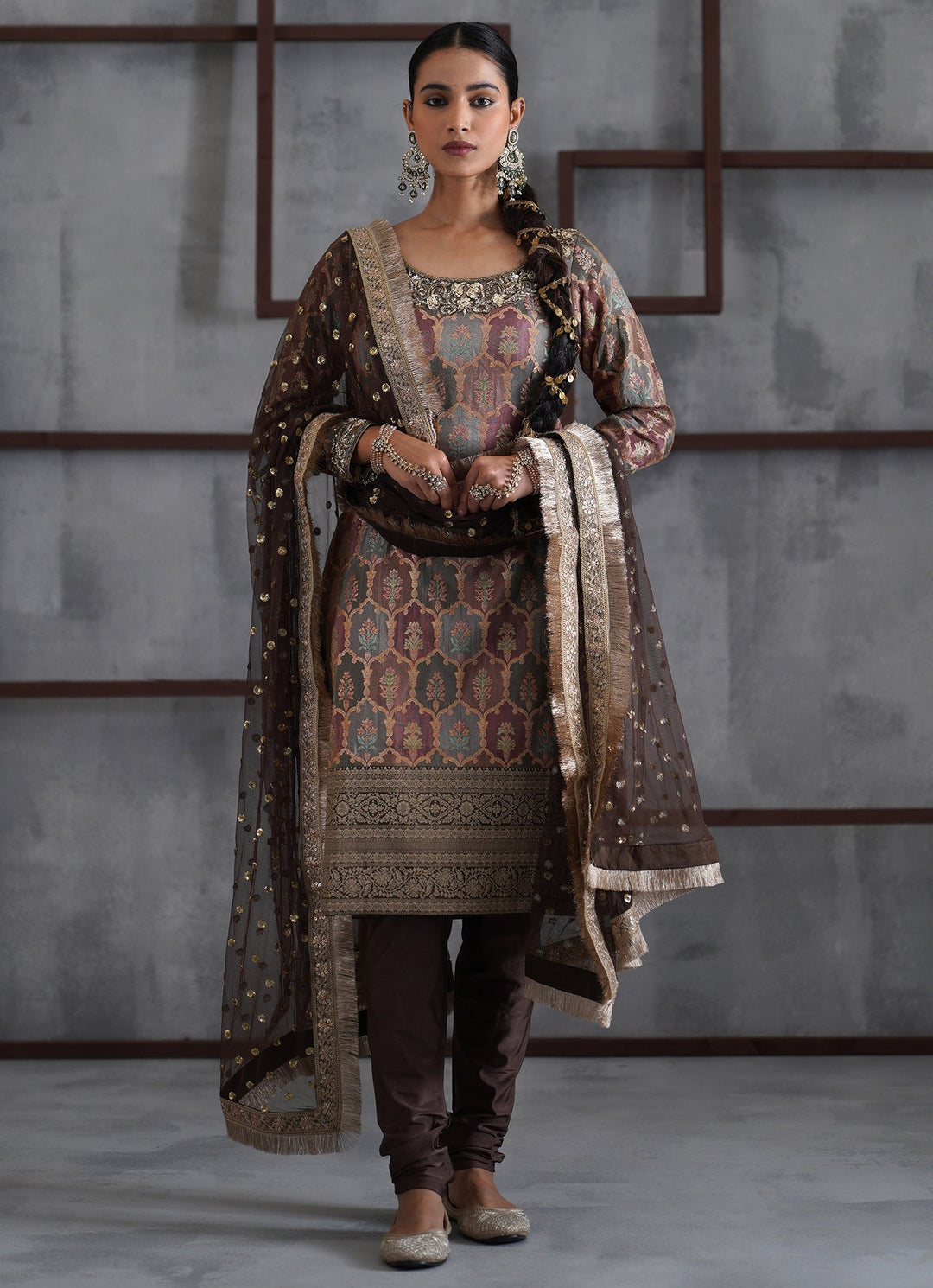 Brown Embroidered Brocade Kurta Churidar Set Deepika Chadha - Fabilicious Fashion