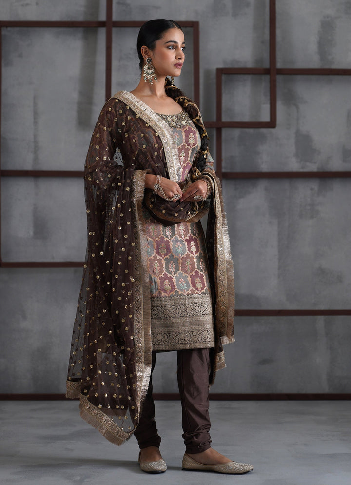 Brown Embroidered Brocade Kurta Churidar Set Deepika Chadha - Fabilicious Fashion