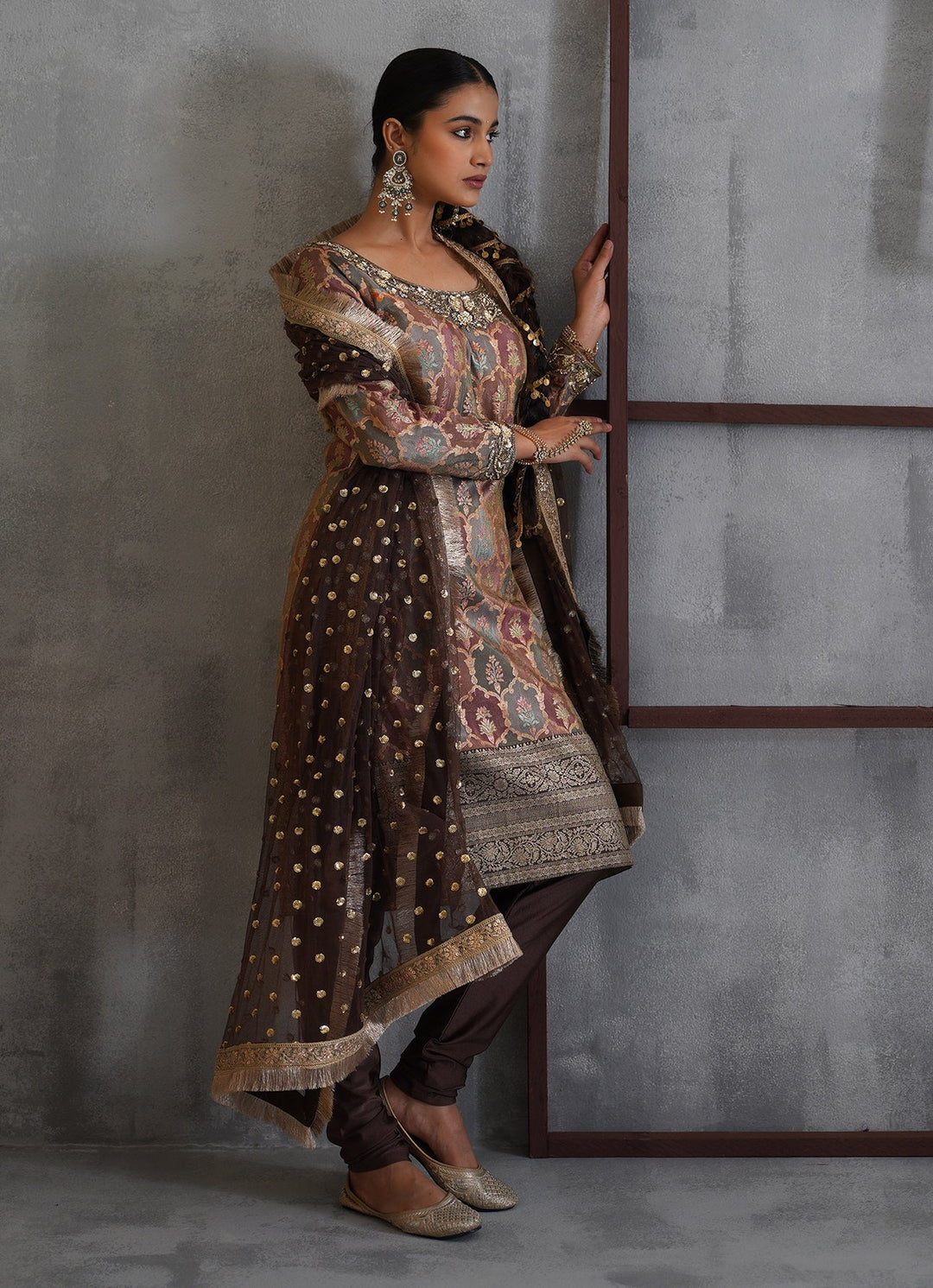 Brown Embroidered Brocade Kurta Churidar Set Deepika Chadha - Fabilicious Fashion