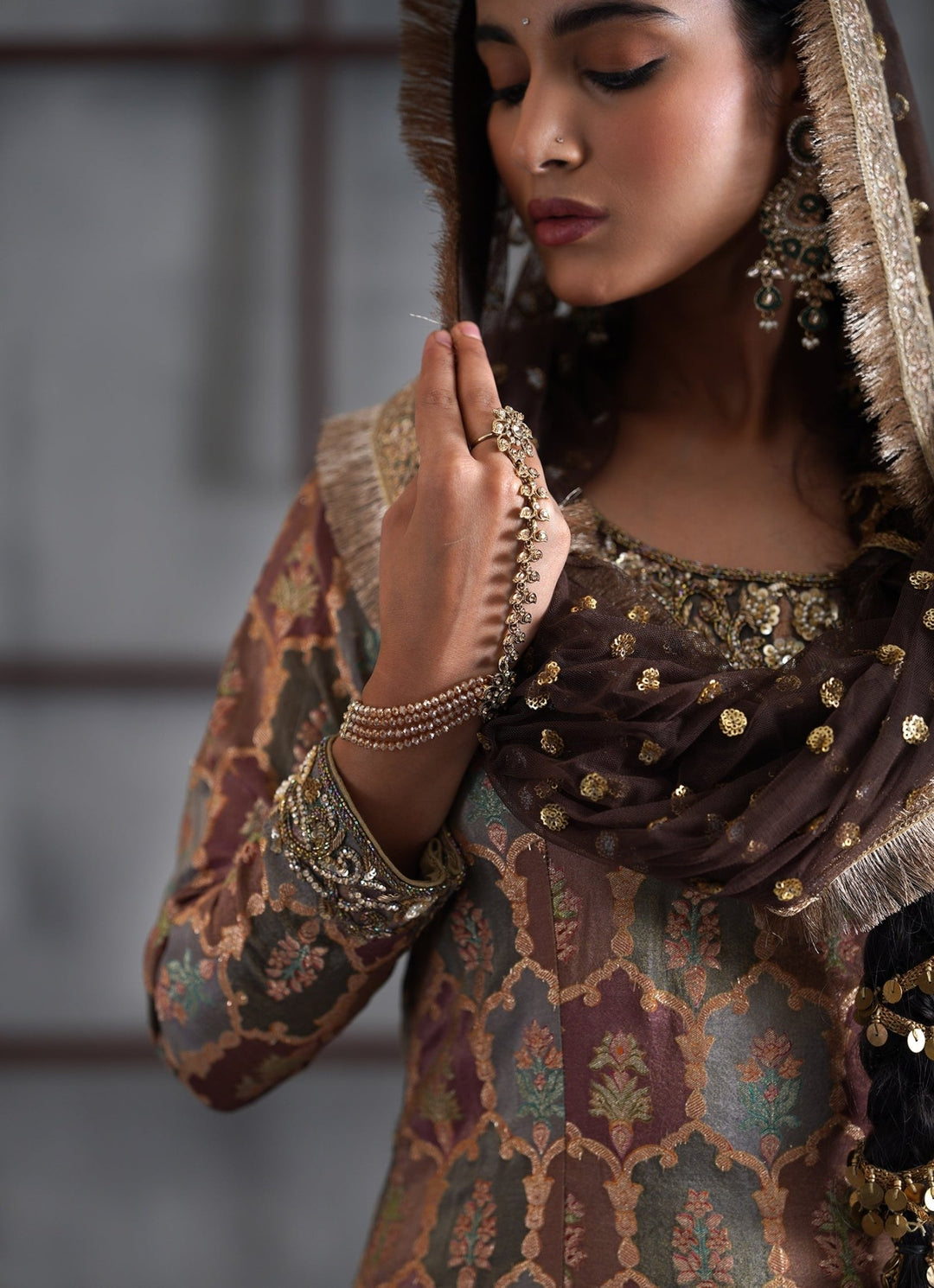 Brown Embroidered Brocade Kurta Churidar Set Deepika Chadha - Fabilicious Fashion