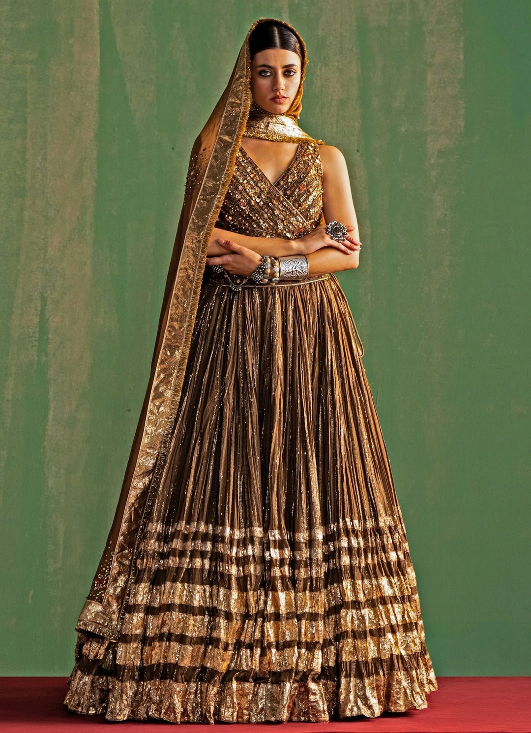Brown Embroidered Chanderi Lehenga Set Studio Bagechaa - Fabilicious Fashion