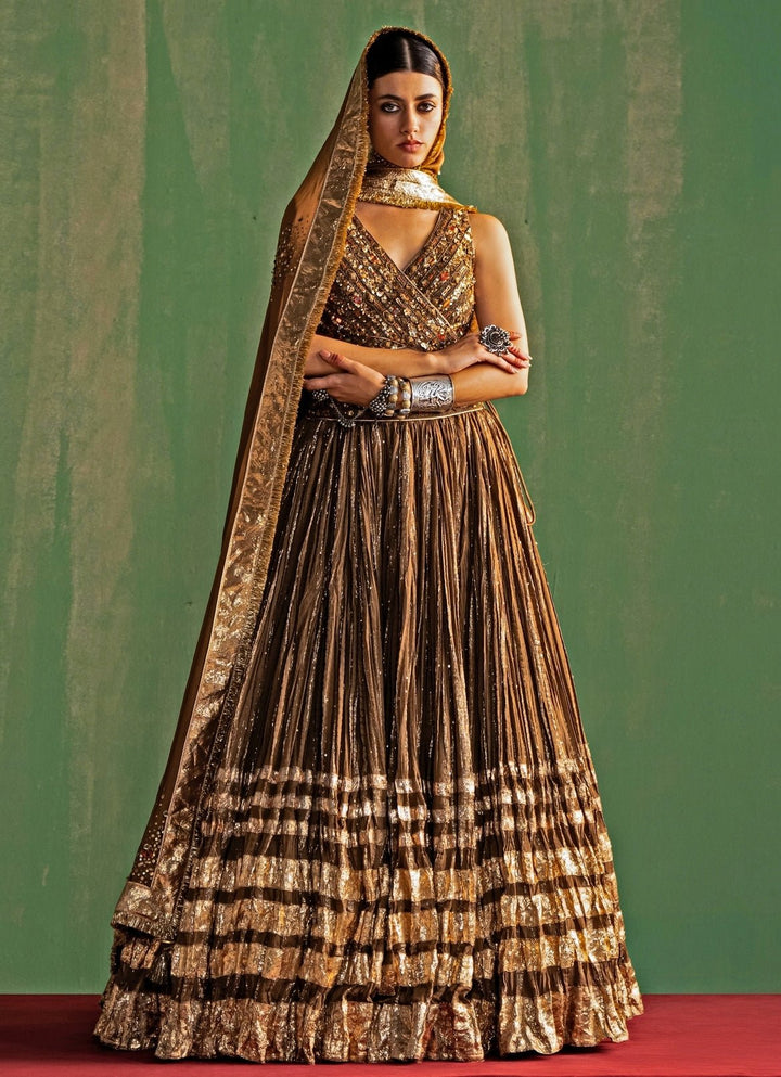 Brown Embroidered Chanderi Lehenga Set Studio Bagechaa - Fabilicious Fashion