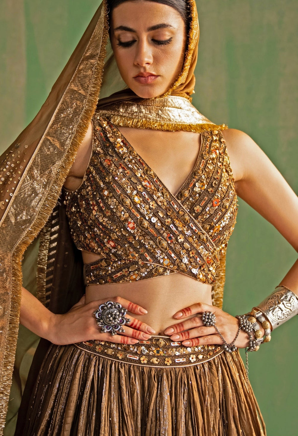 Brown Embroidered Chanderi Lehenga Set Studio Bagechaa - Fabilicious Fashion