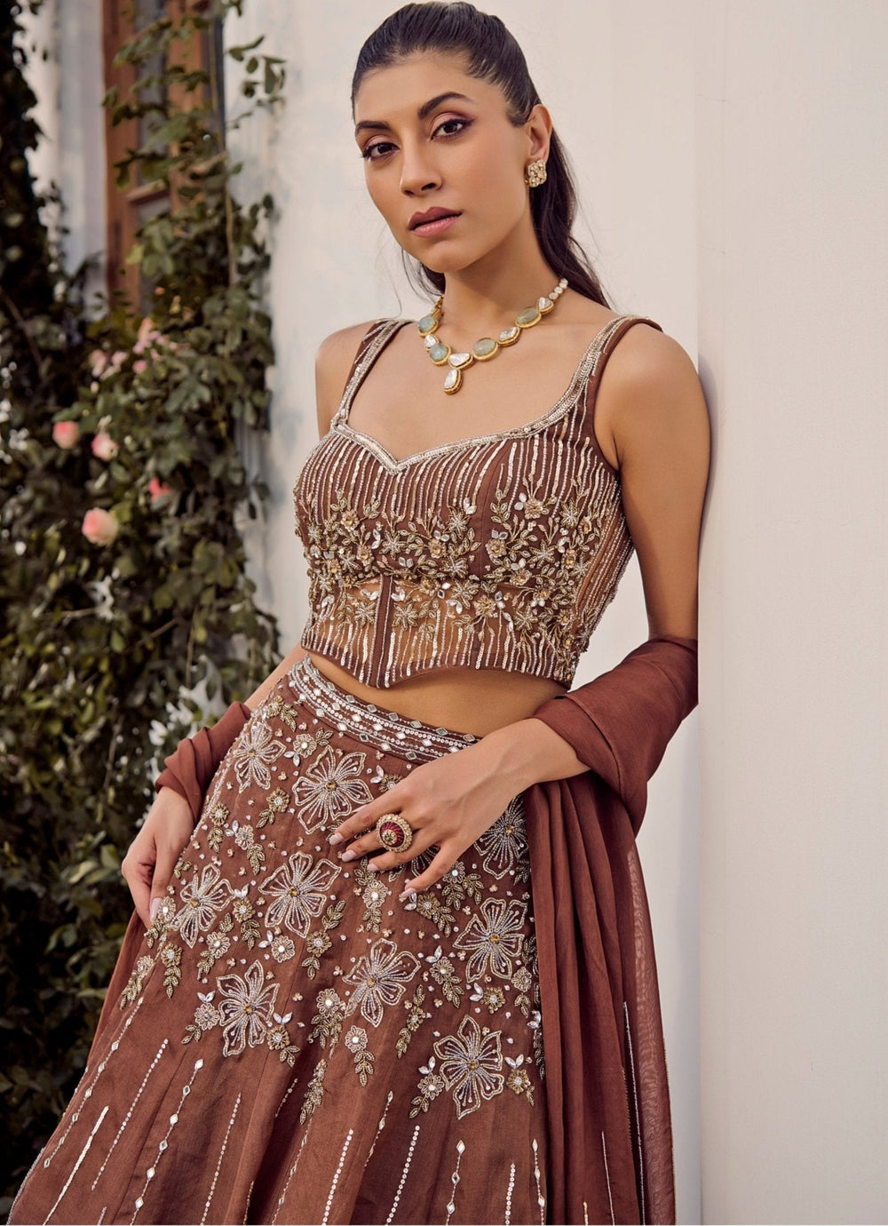 Brown Embroidered Corset Lehenga Set Parul Gandhi - Fabilicious Fashion