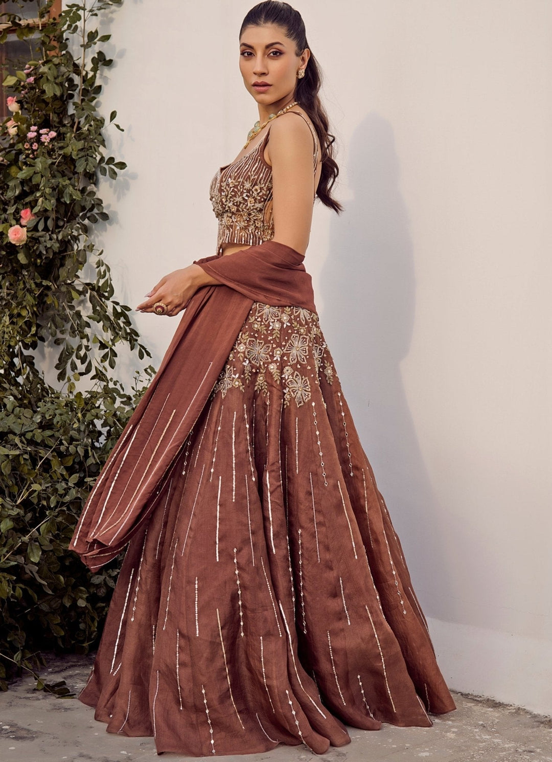 Brown Embroidered Corset Lehenga Set Parul Gandhi - Fabilicious Fashion