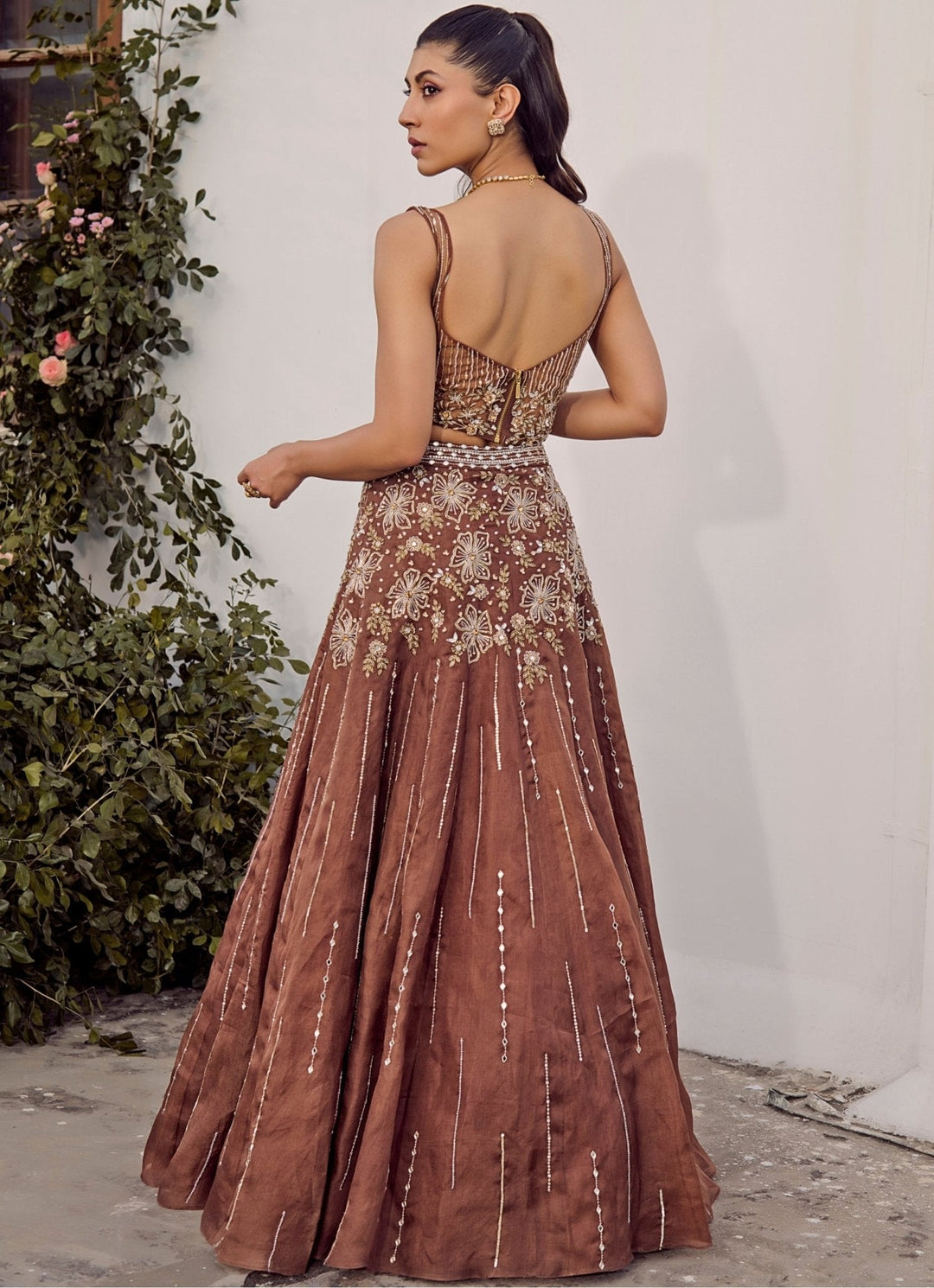 Brown Embroidered Corset Lehenga Set Parul Gandhi - Fabilicious Fashion