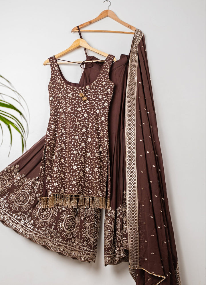 Brown Embroidered Georgette Kurta Sharara Set Anisha Shetty - Fabilicious Fashion