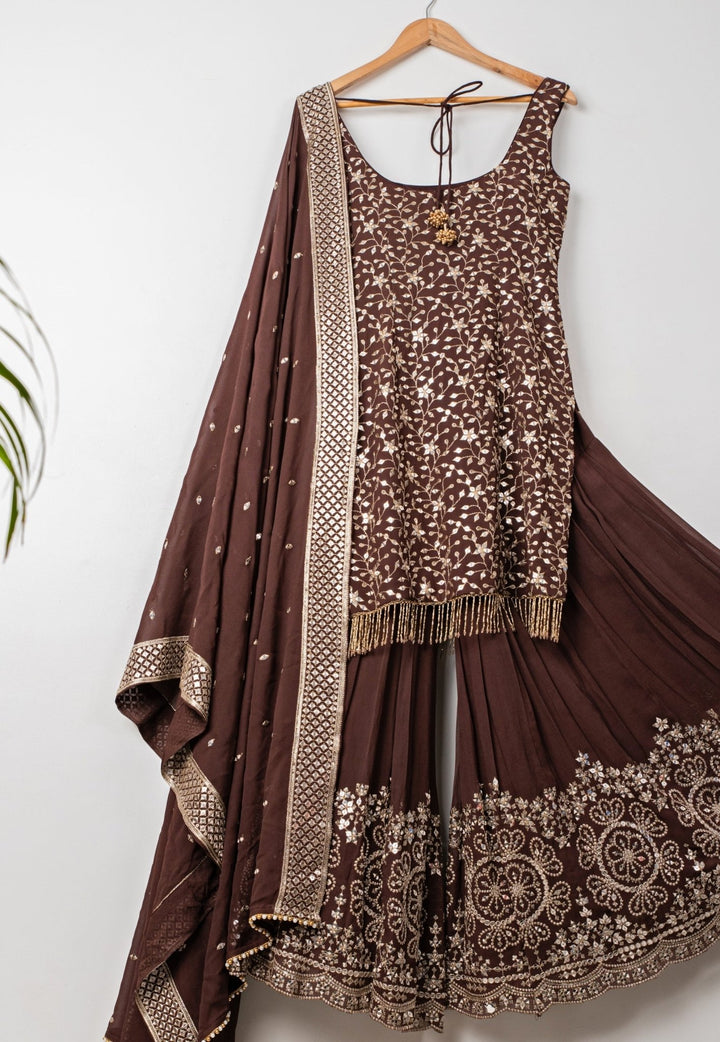 Brown Embroidered Georgette Kurta Sharara Set Anisha Shetty - Fabilicious Fashion